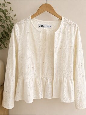 Zara White Floral Eyelet Peplum Jacket